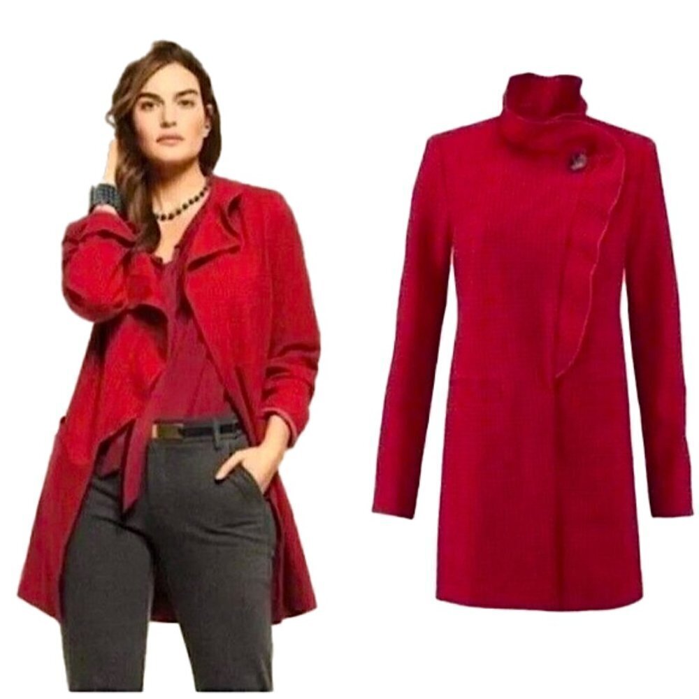 CABI Red Houndstooth Celebration Ruffle Detail Long Coat Size XS